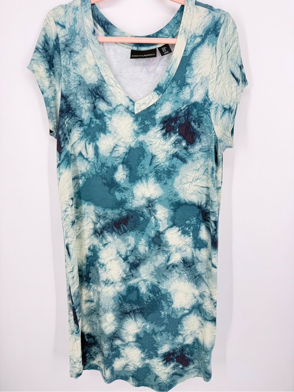 Cynthia Rowley Women Teal Blue Tie Dye T-shirt Dress Short Sleeve Medium Midi